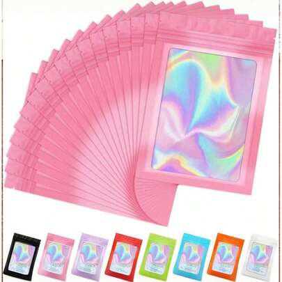 100/50/20/5 piezas - Bolsas de sellado reutilizables, en varios tamaños de bolsas de sellado reutilizables, bolsas de joyería de PVC transparente holográfico, bolsas de plástico de colores a prueba de olores con cremallera de papel de aluminio, bolsas de almacenamiento simples, bolsas de regalo con efecto láser reflectante, bolsas de conservación de alimentos con ventana transparente, bolsas de caramelos, bolsas de gominolas, bolsas de papel de aluminio, bolsas de embalaje de regalos de fiesta. Adecuado para la conservación de alimentos, el embalaje de joyas, los regalos de fiesta, los alimentos, los caramelos, las joyas, el brillo de labios, etc. Hay disponibles varios tamaños y colores.
