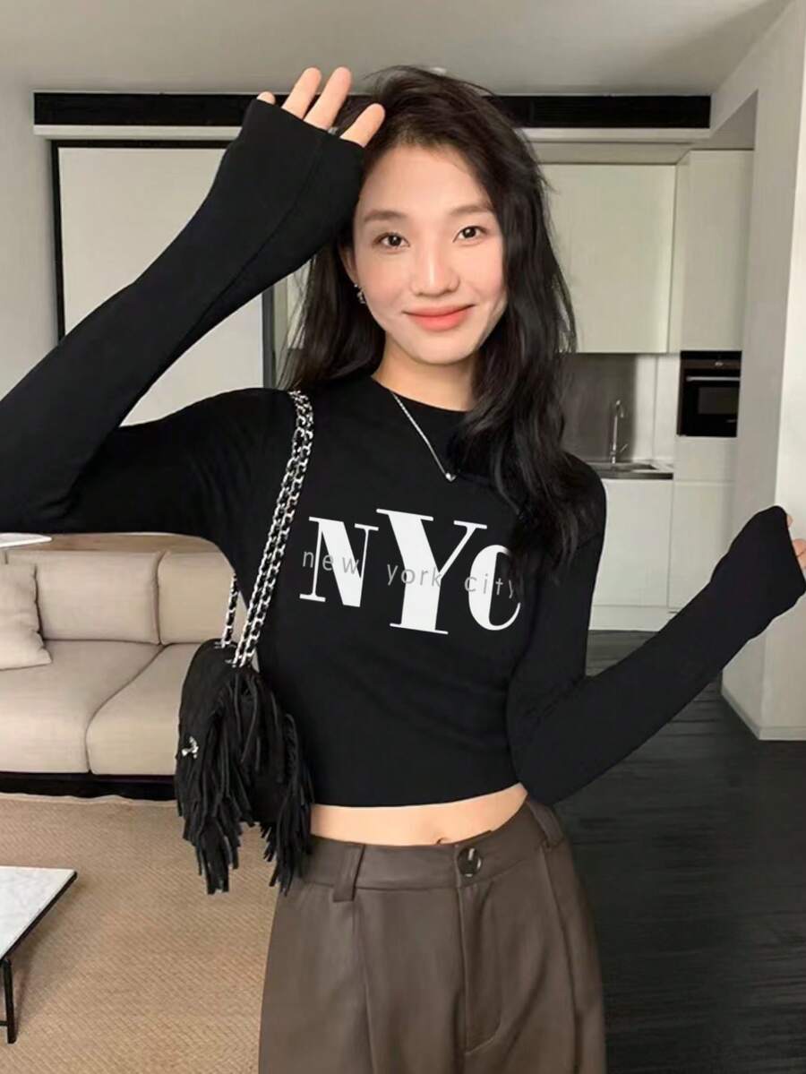 女士休闲字母卡通印花修身长袖T恤,春秋季 - 黑色 - 查看 1