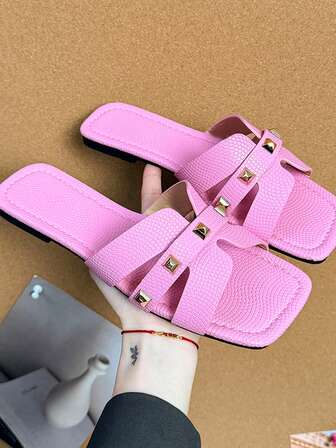 Sandalias de diapositivas de moda al aire libre con cuentas de metal de unicolor para mujer