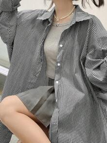 女士撞色格纹翻领长袖宽松单排扣休闲衬衫，春夏款 - 藍白色 - 查看 4