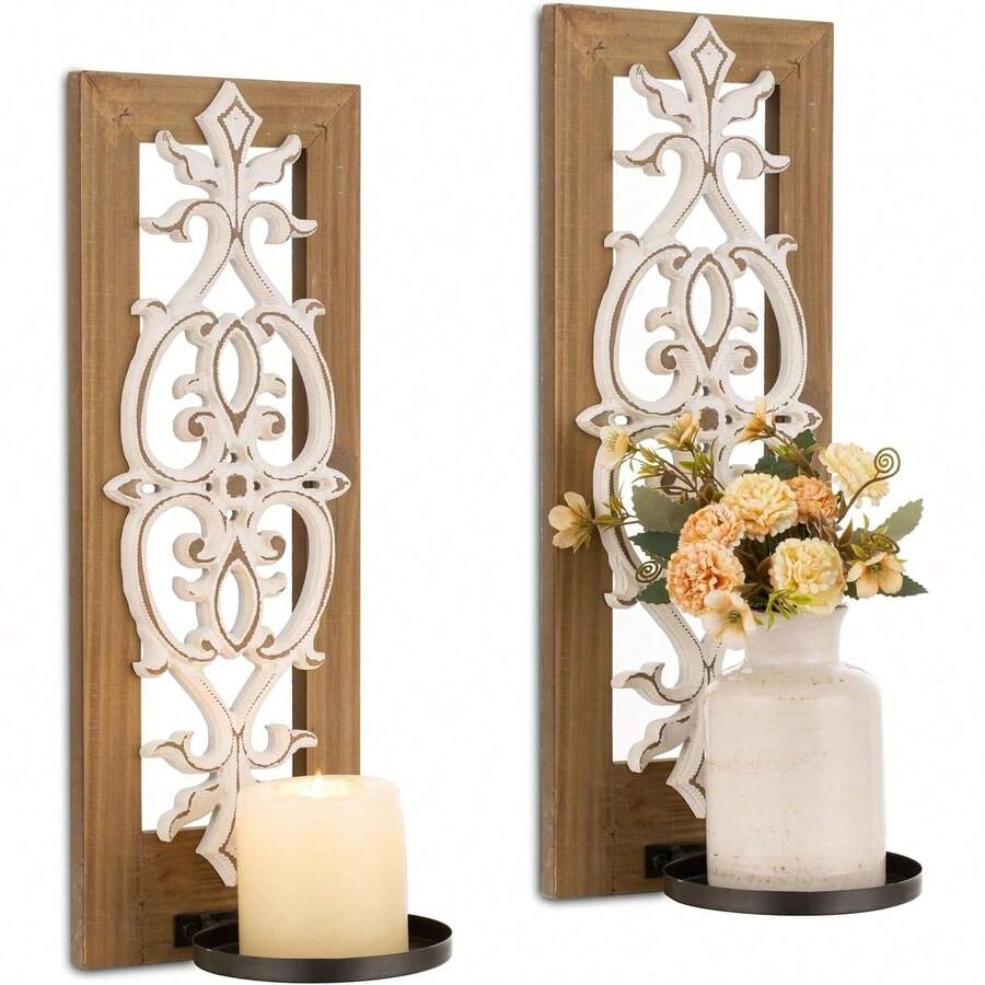 Wood Wall Candle Holder For Farmhouse Decorative Pillar Candle Holders For Wall Decor Vintage Shabby-Chic Wooden Candle Sconces Set Of Two For Fireplace Living Room Bedroom AC568-B - 3d Embossed - View 1