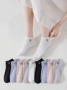 1/4 Pair Women Heart Print Solid Color Ankle Socks, Suitable For Daily Wear - Multicolor - View 3