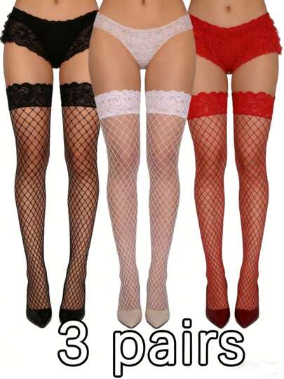 1/2/3 Pairs Plus Size Women Sexy Thigh High Socks, Lace Hollow Fishnet Stockings, Fashionable Over-The-Knee Socks, Suitable For Holidays, Halloween, Carnival, Christmas