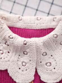 Infant Girls' Knitted Embroidered White Lace Collar Cardigan Sweater, Suitable For Casual Wear Or Outings - Hot Pink - View 2