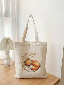 Retro Style Forest Themed Foldable Canvas Tote Bag, Cute Fox, Mushroom, Flower, Star & Moon Pattern Printed Canvas Shoulder Bag Tote Bag Storage Bag, Multifunctional Fashion Travel Shopping Handbag, Large Capacity Tote Bag Luggage Bag, Suitable For Men & Women Hiking Travel Leisure, Gift Idea, Back To School/Graduation Gift Travel Bag Duffle Bag Overnight Bag Durable Travel Organizer Cruise Essential Vacation Essentials For Men Women Travel Essential Holiday Essential Travel Must Haves - Beige - View 15