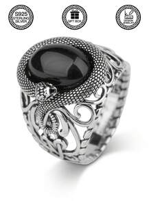 1pc S925 Silver Snake Ring With Black Agate, Vintage Gothic Style Hollow Floral Design Ring, Suitable For Daily Wear, Party, Gift For Boyfriend, Comes With Gift Box - Snake-shaped Black Agate - View 16