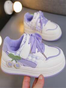 1 Pair Kids' New Fashion Soft-Sole Bow Knit Strap Cute PU Hook And Loop Outdoor Casual Versatile Flat Sneakers, Suitable For All Seasons - Purple - View 8
