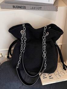 秋冬新款灯芯绒简约大容量单肩手提包，女士适用，适合外出、旅行，可装笔记本电脑和衣物 - 黑色 - 查看 4