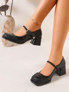 Women's Mary Jane Platform High Heels, Fashion Wedding Party Patent Leather Chunky Heel Round Toe Pumps, Black, Apricot, White - Black - View 5