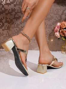 优雅花卉水晶高跟鞋，金属质感仿漆皮粗跟凉鞋。奢华浪漫风格，适合派对、正式场合、都市职业女性/约会，舒适显腿长。 - 金色 - 查看 4