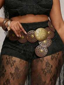 1 pièce Ceinture mode avec boucle ronde en PU bronze antique, boucle métallique ovale, style bohème, convient pour un port quotidien