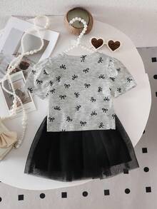 女婴蝴蝶印花泡泡袖T恤和网纱裙套装，甜美可爱街头风，优雅高贵 - 灰色 - 查看 2