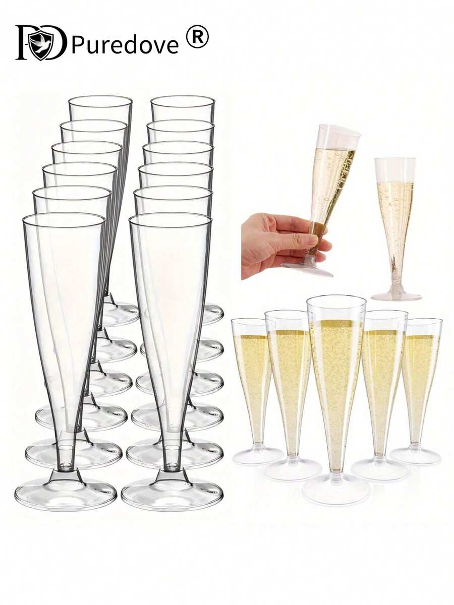 Puredove 25/50pcs Elegant Reusable Plastic Champagne Flutes - 130ml/4.5oz Clear Glasses With Stem & Rim, ,Durable & Stylish For Weddings, Parties, Thanksgiving, Christmas, Halloween, New Year Party Glassware | Durable Glass - 清除 - 查看 1