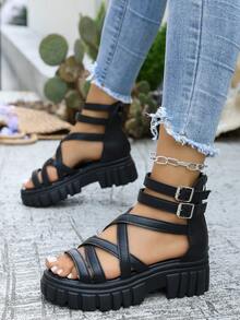 Women's Thick Sole Sandals With Multi-Strap Hook And Loop Design And Back Zipper, Black PU Upper High-Top Roman Sandals, Suitable For Beach, Sand, Casual Holiday - Black - View 8