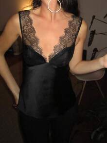 Camellia New Women's Fashion Sexy Lace Satin Blouse, Spring/Summer - Black - View 3