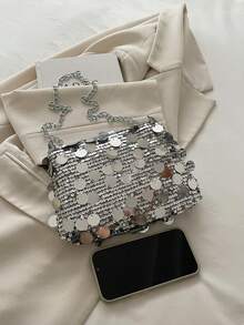 Fashionable New Sequin Shoulder Bag, Versatile Chain Strap Small Square Bag For Women - Silver - View 3