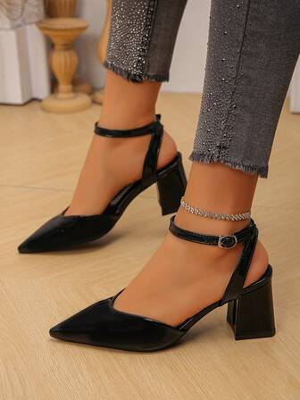 Women's Solid Color Elegant Pointed Toe Thick Heel Wedding Sandals, Sexy And Stylish