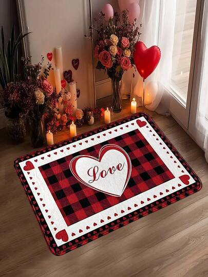 1件情人节风格仿羊毛白色底装饰地毯，柔软舒适，易于折叠收纳，不易起皱，可水洗不褪色，适合房间装饰，客厅地毯