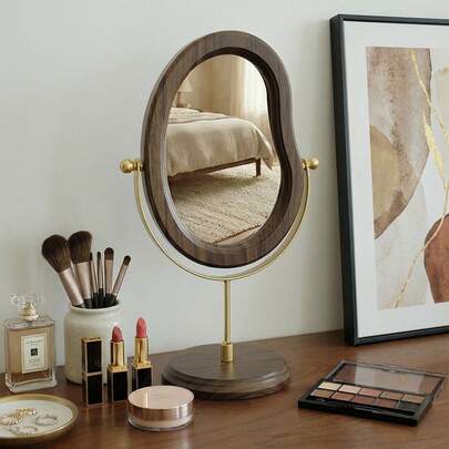 Wooden Vanity Mirror, Luxury Retro Style Rotating Makeup Mirror, Walnut Color, Suitable For Bedroom And Dorm