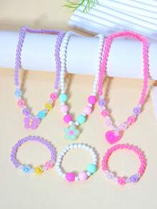2pcs/Set Girls Cute Butterfly Flower Heart Pearl Beaded Bracelet Necklace Jewelry Set, Suitable For Girls Daily Wear And Gifting To Friends