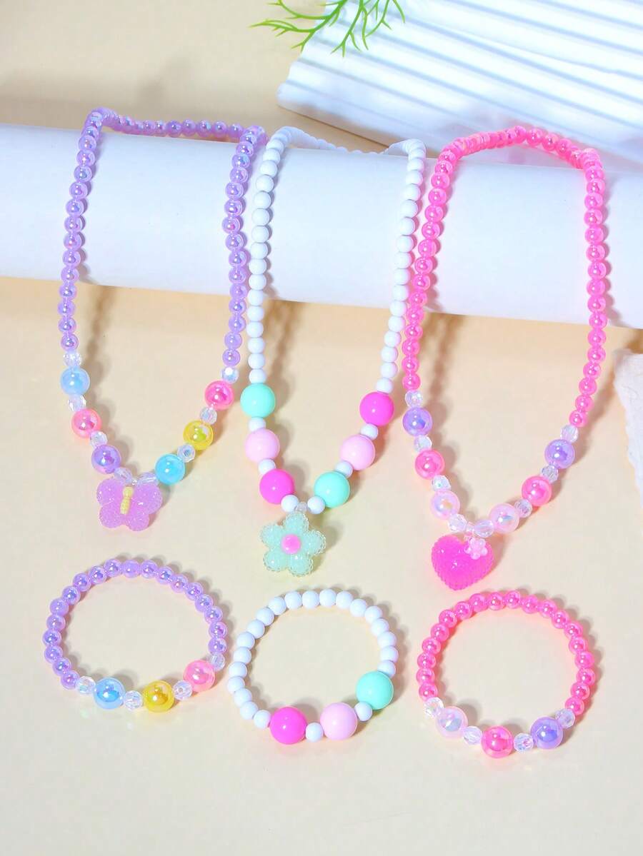2pcs/Set Girls Cute Butterfly Flower Heart Pearl Beaded Bracelet Necklace Jewelry Set, Suitable For Girls Daily Wear And Gifting To Friends