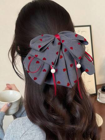 1个心形波点蝴蝶结仿珍珠装饰流苏优雅发夹，多层时尚发饰，适合日常、休闲、派对、通勤、度假装扮，搭配发夹蝴蝶结发爪，女士发爪发饰