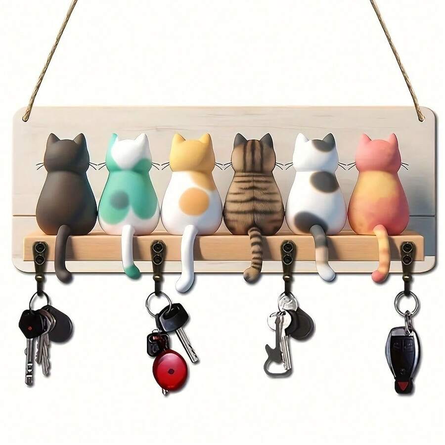 [Fast Arrival] Chic Cat Silhouette Key Rack With 4 Hooks - Rustic Wooden Wall Decor, Multipurpose Entryway Organizer For Keys & More, Perfect For Home & Farmhouse Style