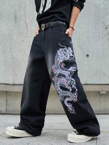 Hearty Haven 男士美式街头风刺绣阔腿牛仔裤，水洗休闲学院风宽松牛仔裤，四季皆宜，街头时尚（不含腰带或配饰） - 黑色 - 查看 6