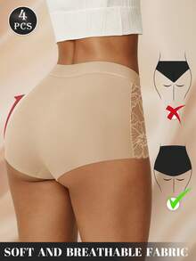 MEIYATING 4条装女士高腰花卉蕾丝网眼拼接无缝透气性感镂空三角裤，适合日常通勤 - 彩色 - 查看 3