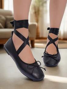 2026 Spring/Autumn Women's Soft, Lightweight Criss-Cross Strap Apricot Flat Shoes With Round Toe Design And Satin Material, Suitable For Prom, Valentine's Day, Ballet - Black - View 2