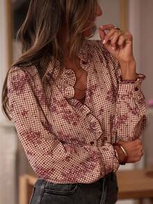 Fashionable Casual Long Sleeve Ruffle Plaid Shirt, Suitable For Home, Vacation, And Beach - Dusty Pink - View 2