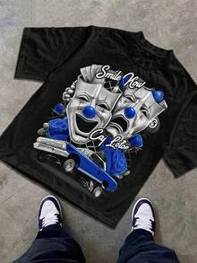 Boys & Teens' Casual Graphic Print Round Neck Short Sleeve T-Shirt, Summer Top - Black - View 1