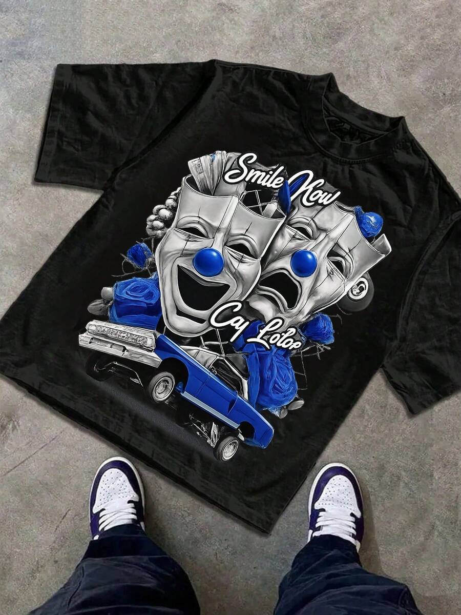 Boys & Teens' Casual Graphic Print Round Neck Short Sleeve T-Shirt, Summer Top - Black - View 1