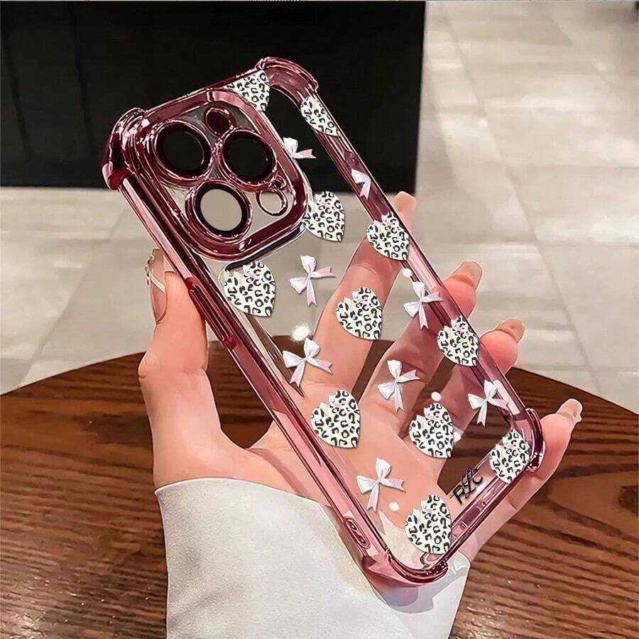 1pcs Leopard Heart Bow Phone Case Compatible with Apple Phone17 16 15 14 13 12 11 ProMax Antidrop Phone Case Camera Protection Phone Case Girlish Style Funky Cute Fashion Can Be Given To Friends Can Be Given To A Lover - Rosa - Ver 1