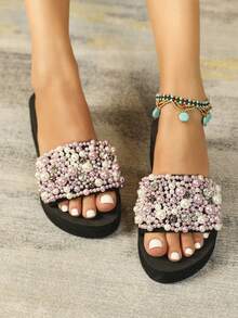 Sandal Jepit Minimalis Wanita, Sandal Pantai Kain Warna Polos dengan Aksen Kupu-kupu Berlian Imitasi, Sandal Selop Hak Platform Nyaman untuk Semua Musim - MultiWarna - View 5