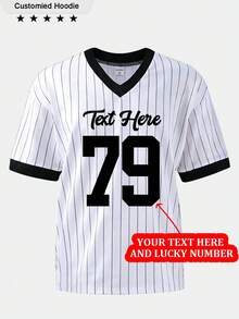 تي شيرت نسائي مخطط بألوان متباينة. يمكن التخصيص بخطوط مرحة وأرقام ورقم اللاعب والأرقام الحظية وأسماء اللاعبين وأسماء العائلة والتواريخ، أي شيء يمكن تخصيصه - أبيض وأسود - مشاهدة 1