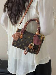 Minimalist Fashionable Handbag Made Of PU Fabric With Exquisite Pattern, Featuring Dual Handles, Pendant And Silk Scarf Accent, Combining Style And Elegance. Ideal For Women, Female College Students, Commuters, And Various Occasions, Also A Great Gift For Friends And Family. - Brown - View 4