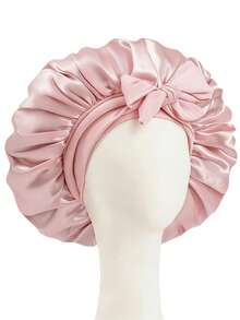 1 pièce Bonnet de nuit élastique léger en satin avec nœud papillon, bonnet de douche de couleur unie pour femmes et filles, noir, chapeau de sommeil en soie - Prune - Voir 1
