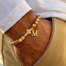 1pc New Silver Color Stainless Steel Initial Cross Matte Stone Beaded Bracelet For Men - Multicolor - View 18