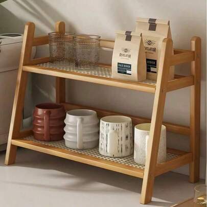 2-Tier Wooden Cup Holder, Woven Cup Rack, Suitable For Kitchen And Living Room, Compact Tabletop Coffee Cup Storage Organizer, Kitchen Cabinet Storage Rack, Glass Cup Shelf, Vertical Display Stand