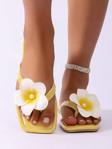 1双女士户外平底凉鞋，夏季款式，珍珠装饰，芙蓉花图案，露趾黄色度假拖鞋，百搭简约花卉人字拖凉鞋 - 黃色 - 查看 2