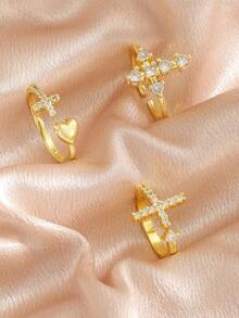 1pc Exquisite Sparkling Pave Zirconia Heart & Cross Ring For Kids Fashion Delicate Party Banquet Vacation Shopping Dates Christmas Birthday Jewelry Gift For Daily Casual - Gold - View 3