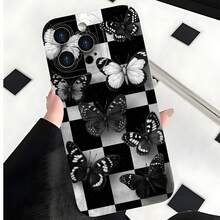 2026 nueva funda de teléfono esmerilada, funda de teléfono con patrón de mariposa y tablero de ajedrez en diseño blanco y negro para iPhone 17 15 14 13 12 11 Pro Max Plus  Galaxy S24 S23 S22 S21 Ultra, funda protectora para pareja, regalo para él y ella, San Valentín, cumpleaños, aniversario - Azul Klein - Ver 4