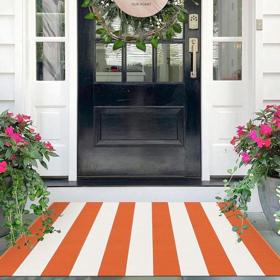 IOHOUZE Fall Door Mat 27.5inch X 43inch Orange White Striped Area Rug Washable Front Porch Rug Striped Door Mat Outside Entrance Entryway Doormat For Fall, Halloween, Than1ks 1giving Porch Decor,One-Size,OrangeWhiteStripe24inchx38inchRectangular - 橙白條紋 24吋x38吋長方形 - 查看 1