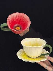 1set Ins Style High-Quality Ceramic Flower Petal Coffee Cup & Saucer Set, Hand-Painted Underglaze Relief Craftsmanship, Household Breakfast Milk Cup, Bread Plate, Office Afternoon Tea Coffee Cup, Latte Art Cup, Juice Beverage Cup, Dessert Cake Plate, Couple Water Cup, Holiday Gift Cup