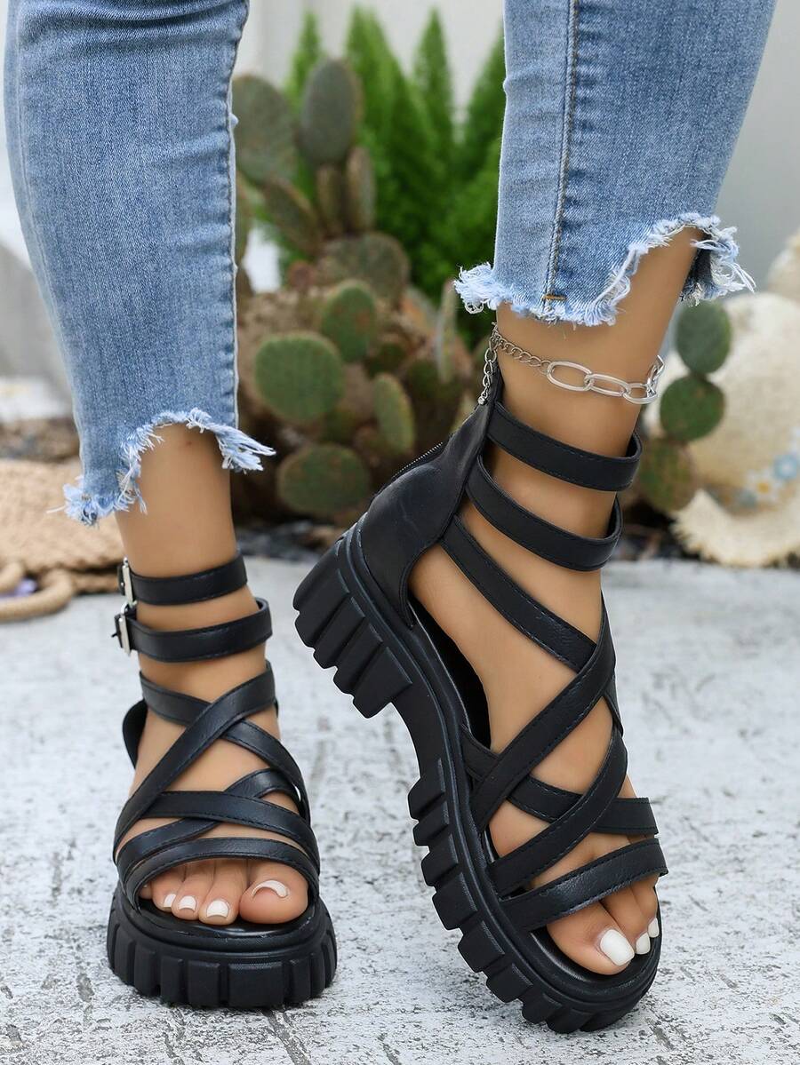 Women's Thick Sole Sandals With Multi-Strap Hook And Loop Design And Back Zipper, Black PU Upper High-Top Roman Sandals, Suitable For Beach, Sand, Casual Holiday - Black - View 1