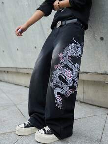 Hearty Haven 男士美式街头风刺绣阔腿牛仔裤，水洗休闲学院风宽松牛仔裤，四季皆宜，街头时尚（不含腰带或配饰） - 黑色 - 查看 5