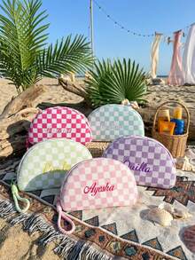 Bolsa de maquillaje bordada a medida con estampado de cuadros | Organizador de artículos de tocador de viaje para mujeres, regalo de despedida de soltera, regalo de ducha nupcial, bolsa de cosméticos para almacenamiento portátil - Multicolor - Ver 2