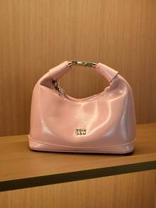 New Fashion Solid Color Clown PU Waterproof Handbag, Letter Graphic Decor, Zipper Closure, Square Tote Bag, Burgundy Handbag, Pendant Decor, Adjustable Shoulder Strap, Suitable For Shopping - Baby Pink - View 2