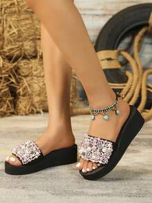 Sandal Jepit Minimalis Wanita, Sandal Pantai Kain Warna Polos dengan Aksen Kupu-kupu Berlian Imitasi, Sandal Selop Hak Platform Nyaman untuk Semua Musim - MultiWarna - View 2